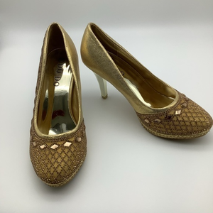 DoDo Womens Gold Sequin & Rhinestone  High Heel‎ Shoes Sz 8.